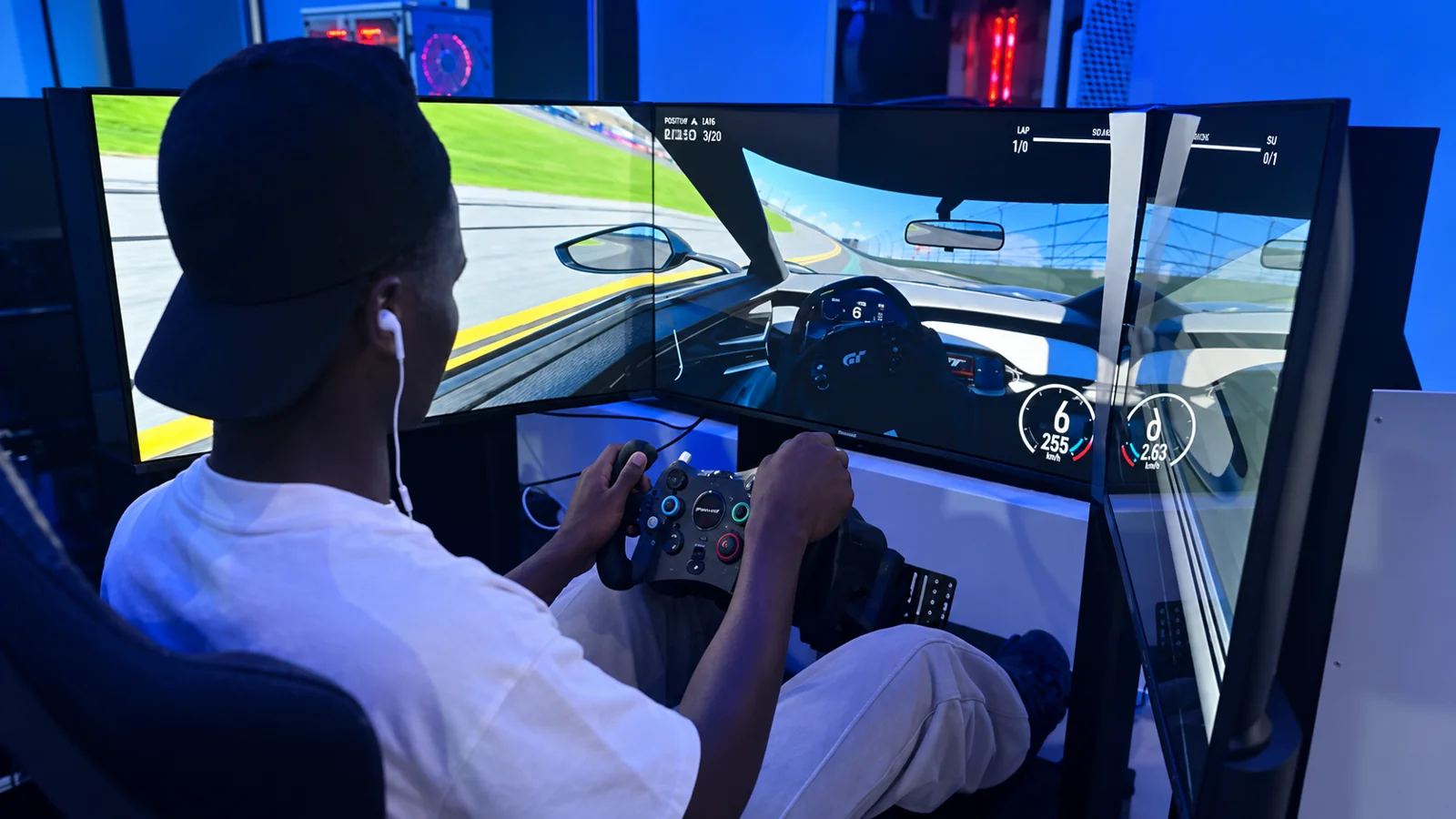 A Player One racer at the triple-screen setup, with edited lighting