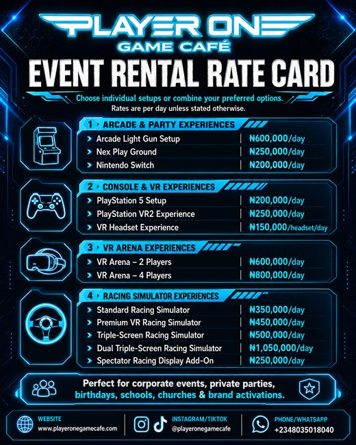 Player One Game Cafe event rental rate card with PS5, VR Arena, racing simulator, arcade and Nintendo Switch prices