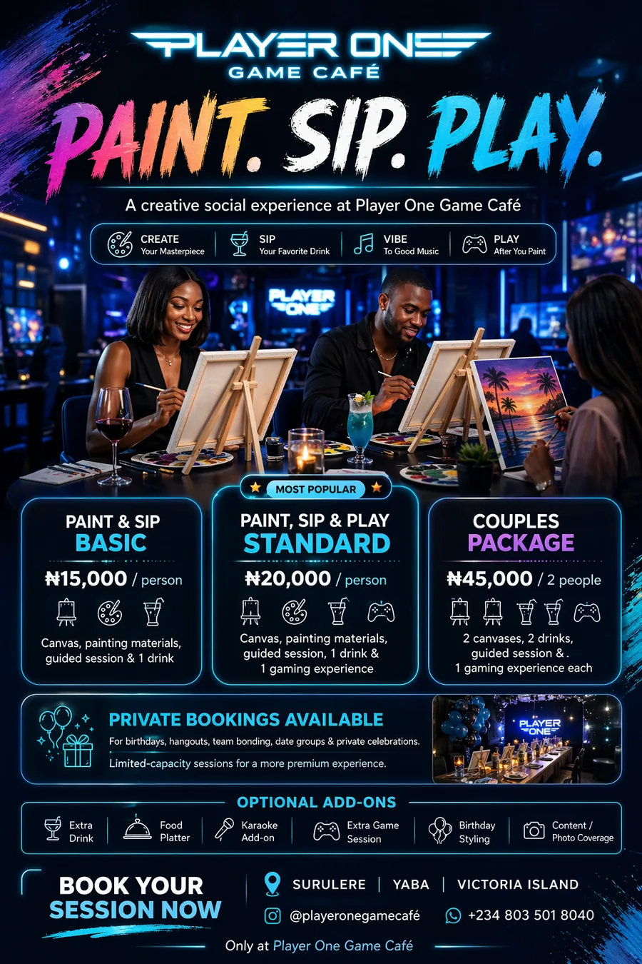 Player One Game Cafe Paint Sip Play rate card for creative social events, dates and private bookings